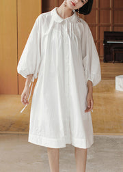 Modern White Peter Pan Collar Button Cotton Long Dress Long Sleeve