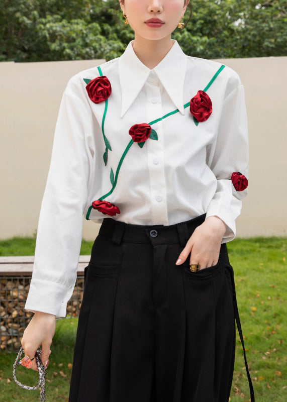 Modern White Peter Pan Collar Floral Button Cotton Shirt Spring