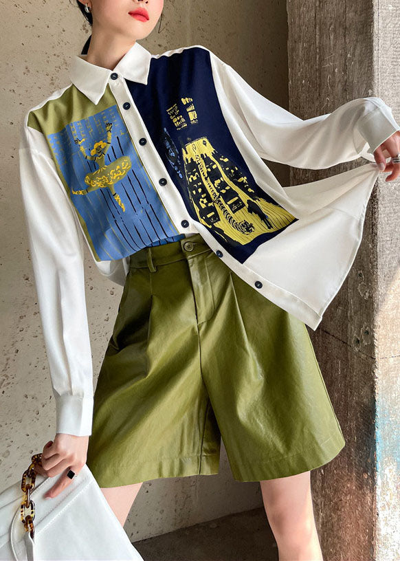 Modern White Peter Pan Collar Print Cotton Blouses Spring