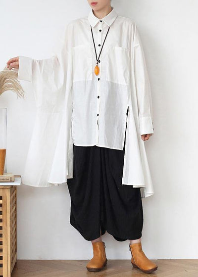 Modern White Peter Pan Collar asymmetrical design Cotton Spring Shirts - SooLinen
