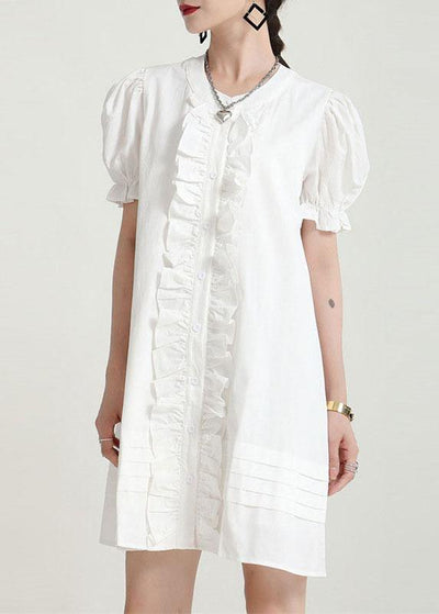 Modern White Puff Sleeve Button Summer Ruffled Dress Short Sleeve - SooLinen