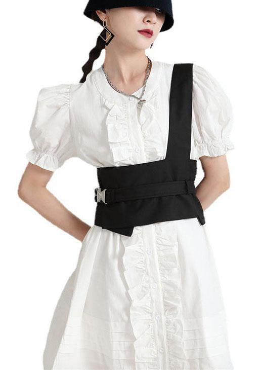 Modern White Puff Sleeve Button Summer Ruffled Dress Short Sleeve - SooLinen