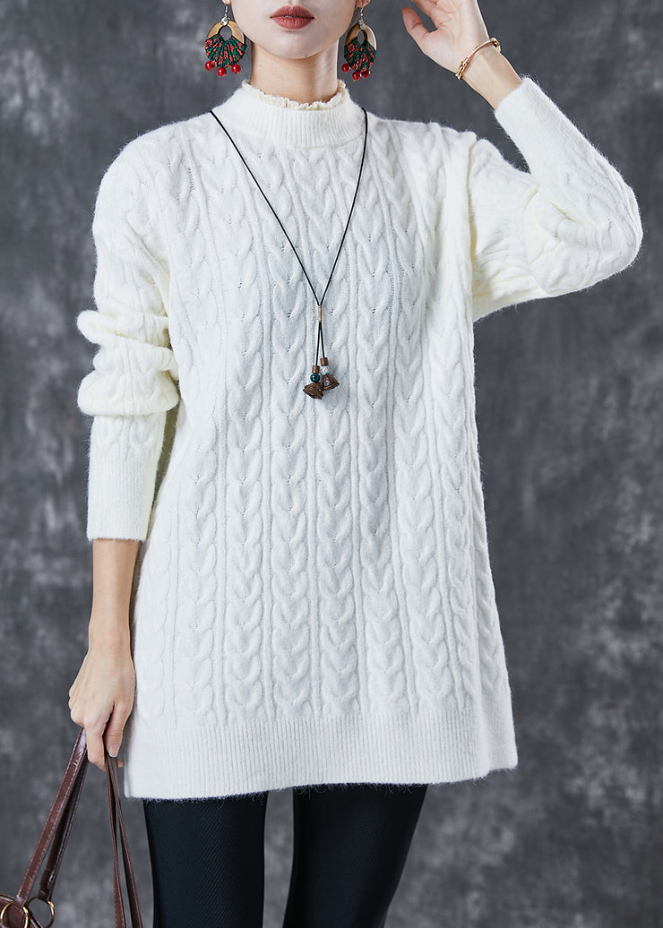 Modern White Ruffled Warm Cable Knit Pullover Spring