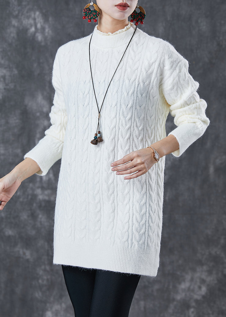Modern White Ruffled Warm Cable Knit Pullover Spring