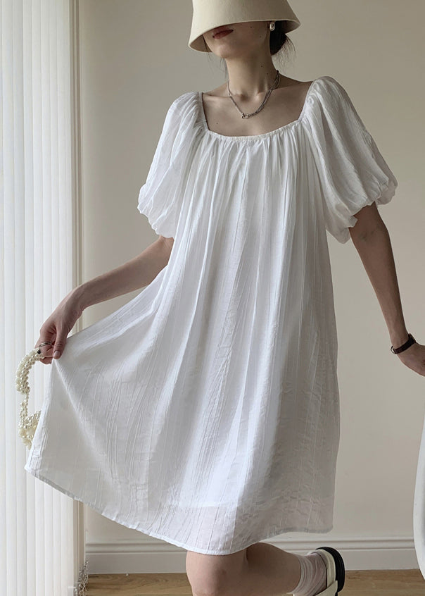 Modern White Square Collar Backless Cotton Mid Dresses Puff Sleeve