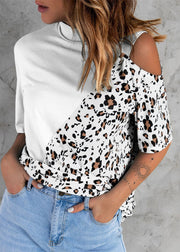 Modern White Stand Collar Leopard Patchwork One Shoulder Design Cotton Top Short Sleeve