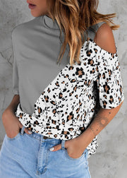 Modern White Stand Collar Leopard Patchwork One Shoulder Design Cotton Top Short Sleeve