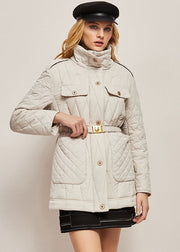 Modern White Stand Collar Pockets Fine Cotton Filled Cinch Jackets Winter
