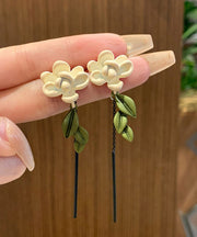 Modern White Sterling Silver Overgild Gardenia Tassel Drop Earrings