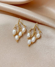 Modern White Sterling Silver Overgild Inlaid Pearl Branch Shaped Hoop Earrings