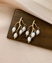 Modern White Sterling Silver Overgild Inlaid Pearl Branch Shaped Hoop Earrings