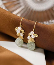 Modern White Sterling Silver Overgild Inlaid Pearl Jade Drop Earrings