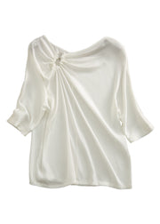 Modern White V Neck Cinched Pearl Satin Shirts Half Sleeve