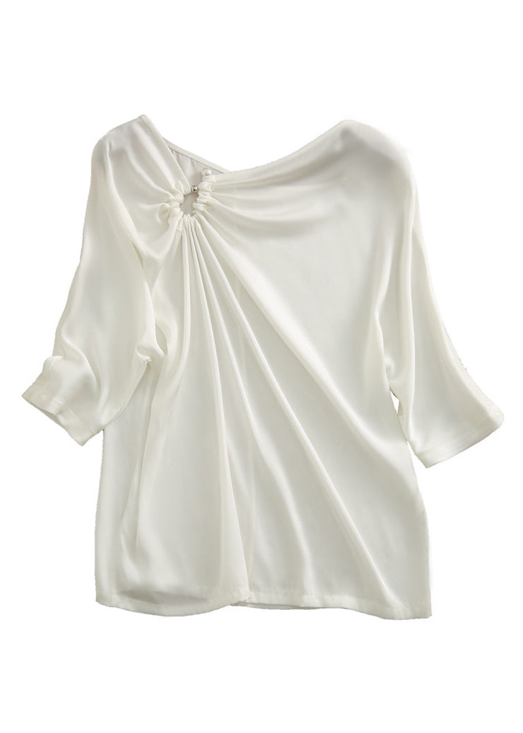 Modern White V Neck Cinched Pearl Satin Shirts Half Sleeve