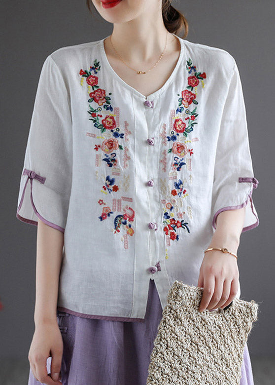 Modern White V Neck Embroidered Floral Button Linen Shirt Half Sleeve