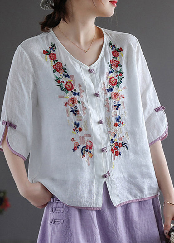 Modern White V Neck Embroidered Floral Button Linen Shirt Half Sleeve