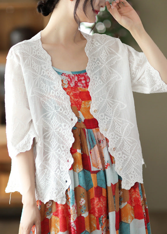 Modern White V Neck Embroidered Floral Cotton Cardigan Short Sleeve