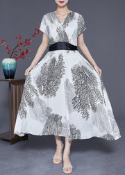 Modern White V Neck Tie Waist Print Silk Robe Dresses Summer