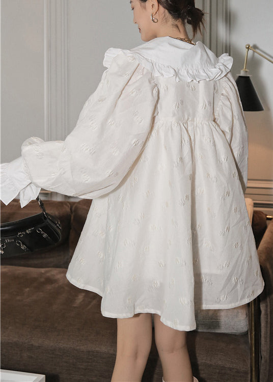 Modern White Wrinkled Peter Pan Collar Jacquard Dresses flare sleeve