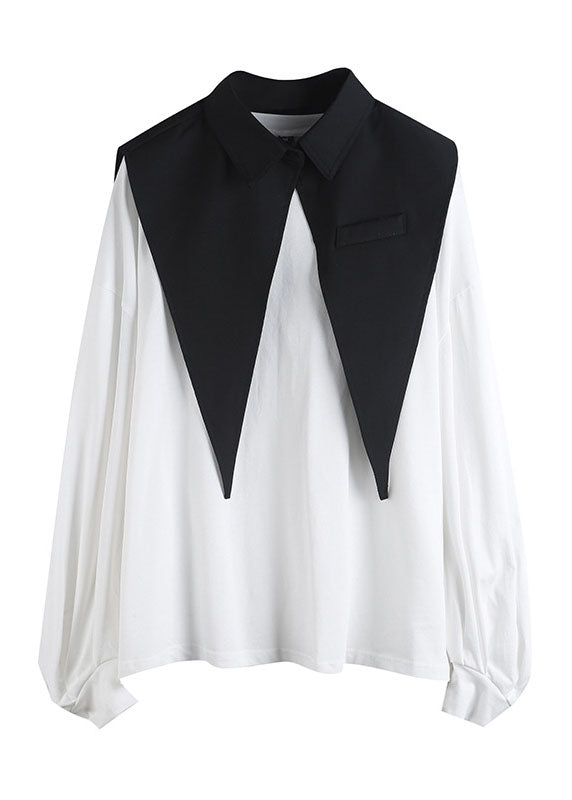 Modern White lantern sleeve Patchwork PeterPan Collar Fall Shirt Top