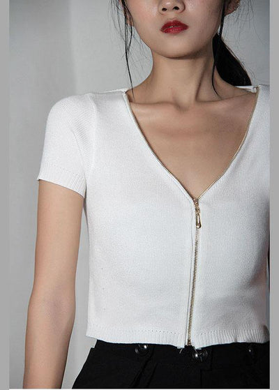 Modern White zippered V Neck Shirt Tops Summer - SooLinen