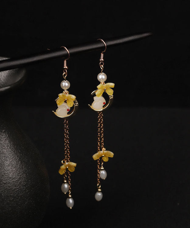 Modern Yellow Copper Overgild Pearl Tassel Agate Coloured Glaze Rabbit Drop Earrings