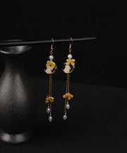 Modern Yellow Copper Overgild Pearl Tassel Agate Coloured Glaze Rabbit Drop Earrings