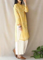 Modern Yellow Dragon Pattern Clothes V Neck Side Open Baggy Dress - SooLinen