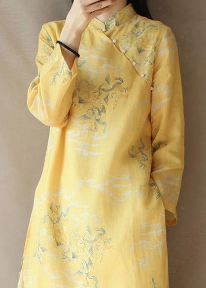 Modern Yellow Dragon Pattern Clothes V Neck Side Open Baggy Dress - SooLinen