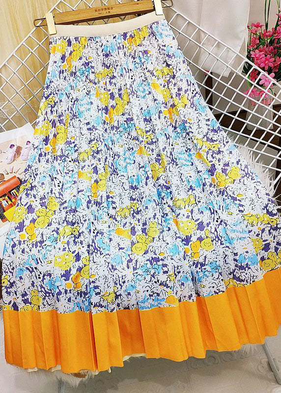Modern Yellow Elastic Waist Patchwork Print Silk Skirts Spring