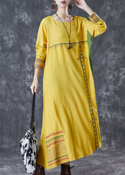 Modern Yellow Embroidered Patchwork Linen Maxi Dresses Spring