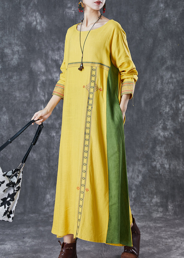 Modern Yellow Embroidered Patchwork Linen Maxi Dresses Spring