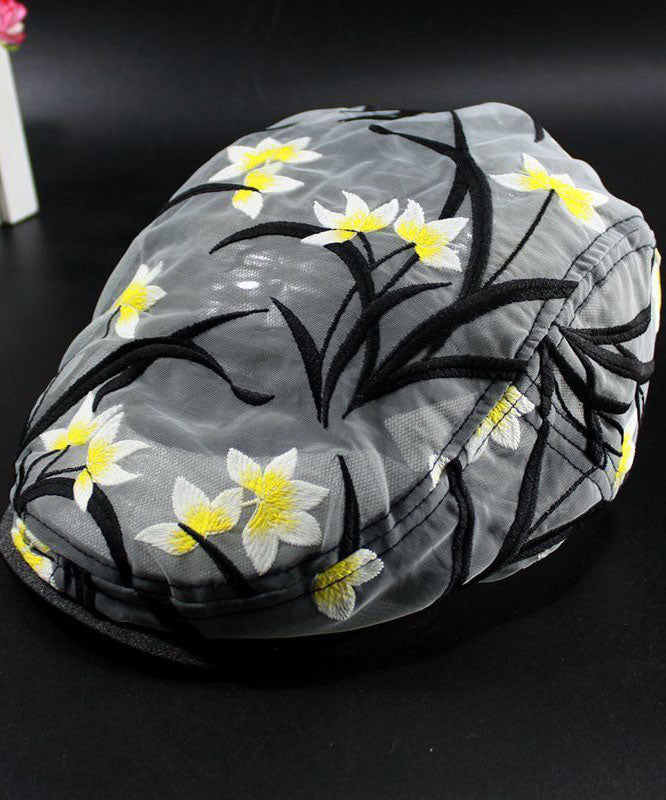 Modern Yellow Embroidered Tulle Hollow Out Baseball Cap Hat