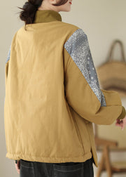 Modern Yellow Hign Neck Pockets Patchwork Fine Cotton Filled Top Winter