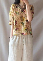 Modern Yellow Leaves Clothes V Neck Half Sleeve Loose  Blouse - SooLinen