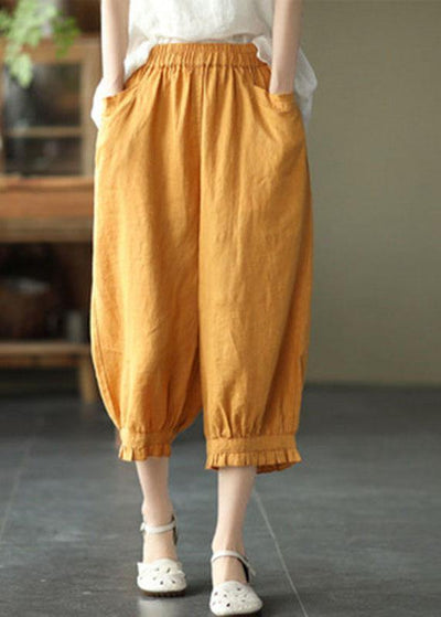 Modern Yellow Loose Ruffled Summer Casual Linen Pants - SooLinen