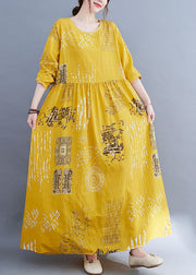 Modern Yellow O-Neck Button Print Dress Spring