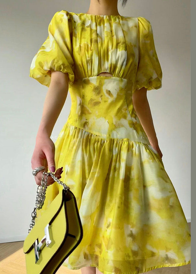 Modern Yellow O-Neck Patchwork Print Silk Holiday Dress Summer