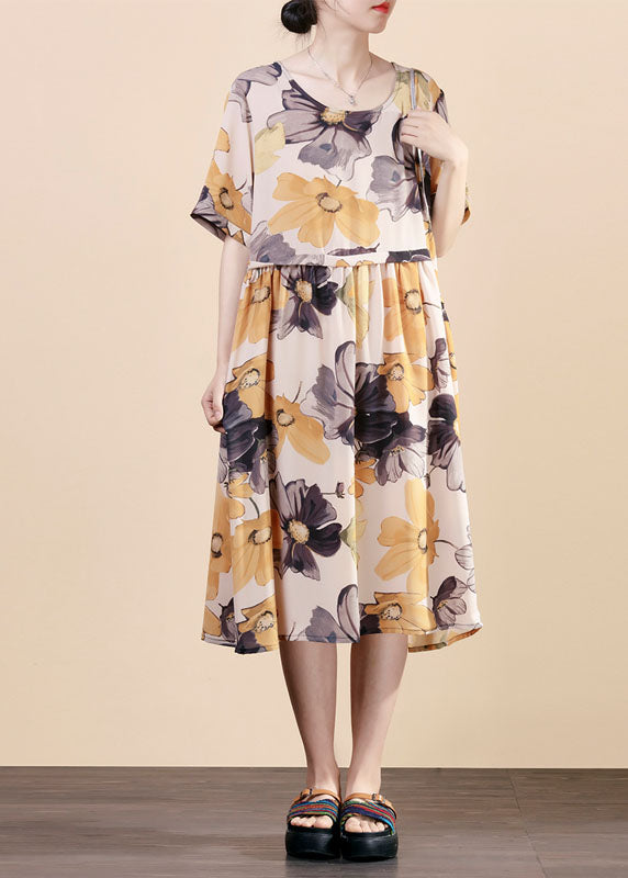 Modern Yellow O Neck Wrinkled Print Patchwork Silk Dress Summer