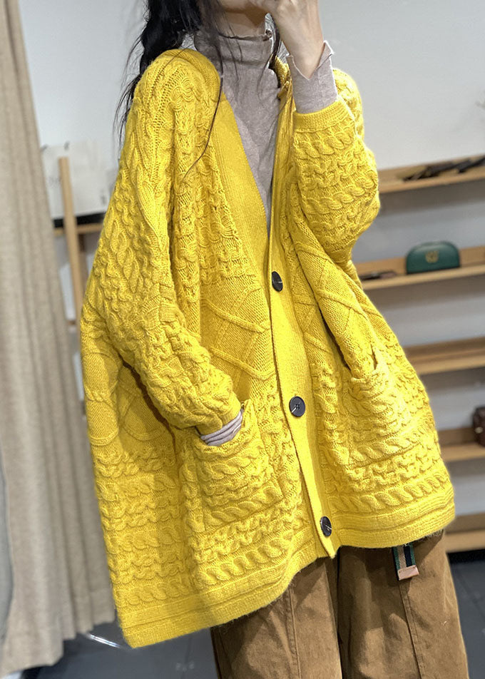 Modern Yellow Oversized Pockets Rabbit Hair Knit Cardigans Winter