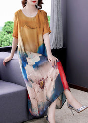 Modern Yellow Oversized Print Silk Long Dresses Summer