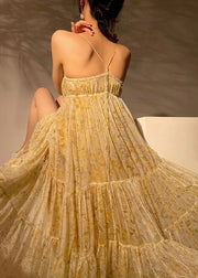 Modern Yellow Print Bustier Patchwork Exra Large Hem Silk Spaghetti Strap Dresses Sleeveless
