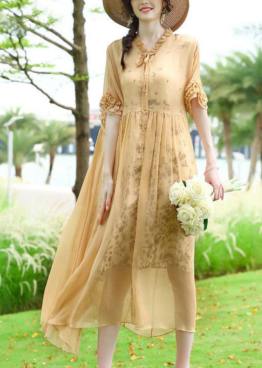 Modern Yellow Ruffled Patchwork Wrinkled Silk Vacation Dresses Summer