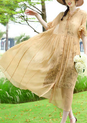Modern Yellow Ruffled Patchwork Wrinkled Silk Vacation Dresses Summer