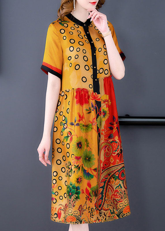 Modern Yellow Stand Collar Asymmetrical Wrinkled Silk Shirt Dresses Short Sleeve