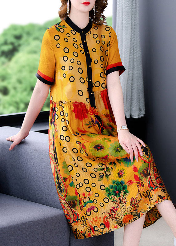 Modern Yellow Stand Collar Asymmetrical Wrinkled Silk Shirt Dresses Short Sleeve