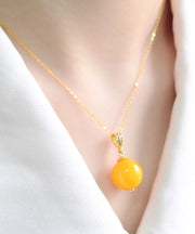 Modern Yellow Sterling Silver Overgild Amber Beeswax Round Pendant Necklace