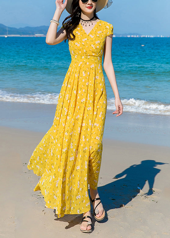Modern Yellow V Neck Print Chiffon Long Dress Short Sleeve