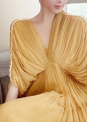 Modern Yellow V Neck Ruffled Wrinkled Silk Long Dresses Short Sleeve