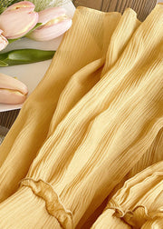 Modern Yellow V Neck Ruffled Wrinkled Silk Long Dresses Short Sleeve